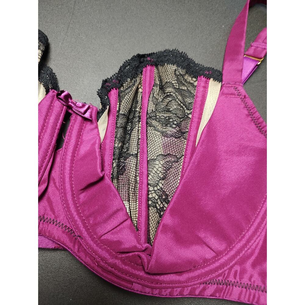 Cacique Lane Bryant French Balconette Magenta Satin Black Lace Overlay 44C - Picture 4 of 7